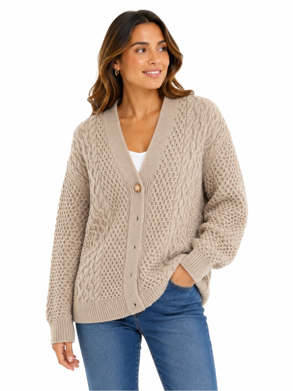 Vintage Style Heavy Cable Knit Cardigan Sweater Beige Cream Oversized Chunky Kni